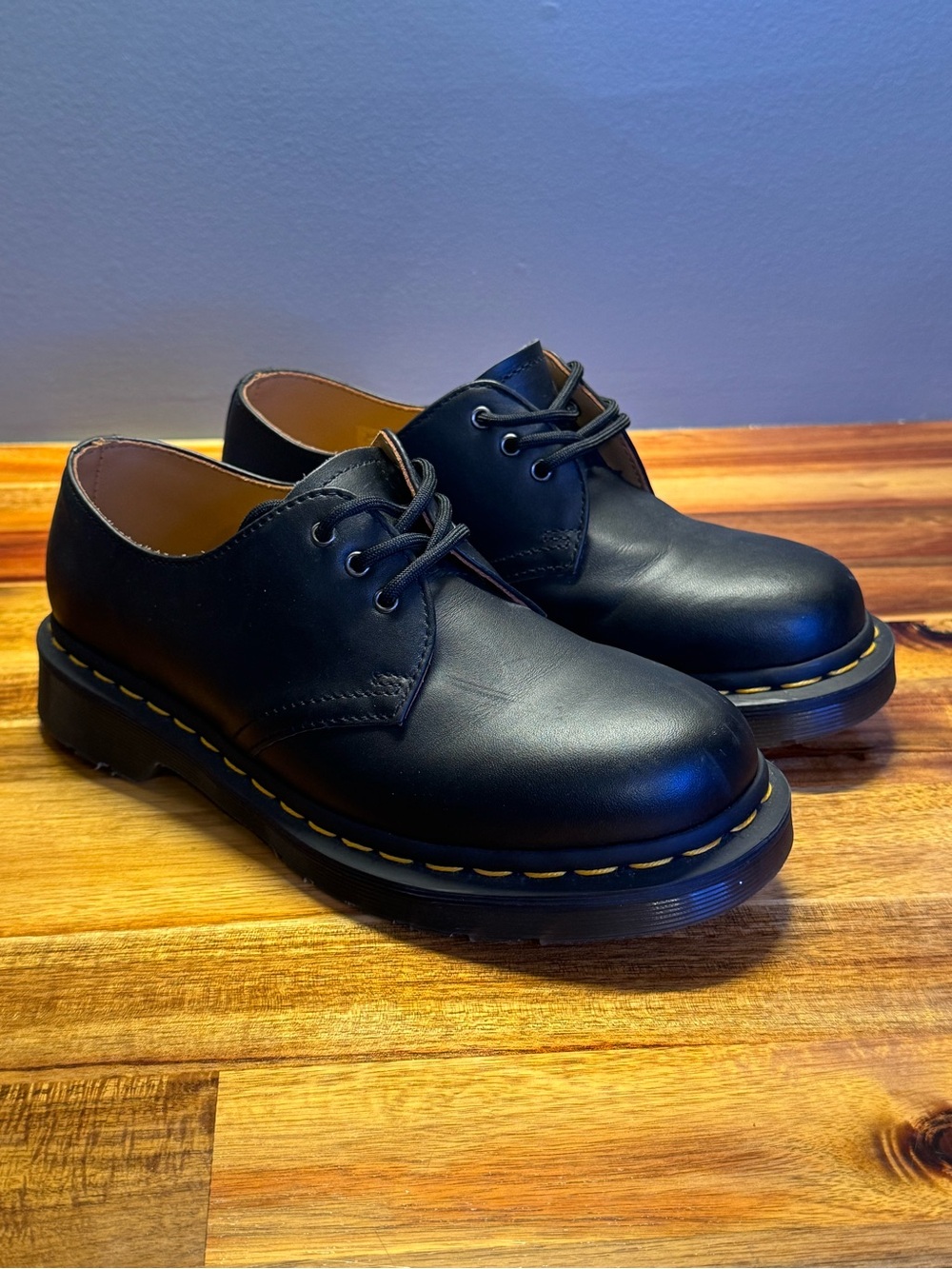 Dr. Martens Black Leather 3-Eye Derby with Yellow Stitching